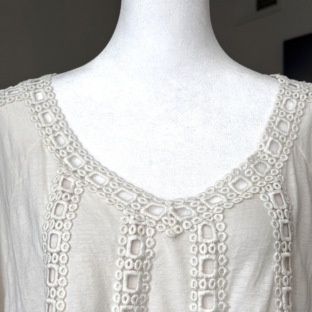 Chico's Linen 3/4 sleeve Lace Tunic S 3 Ivory Crochet Boho Coastal Cottagecore